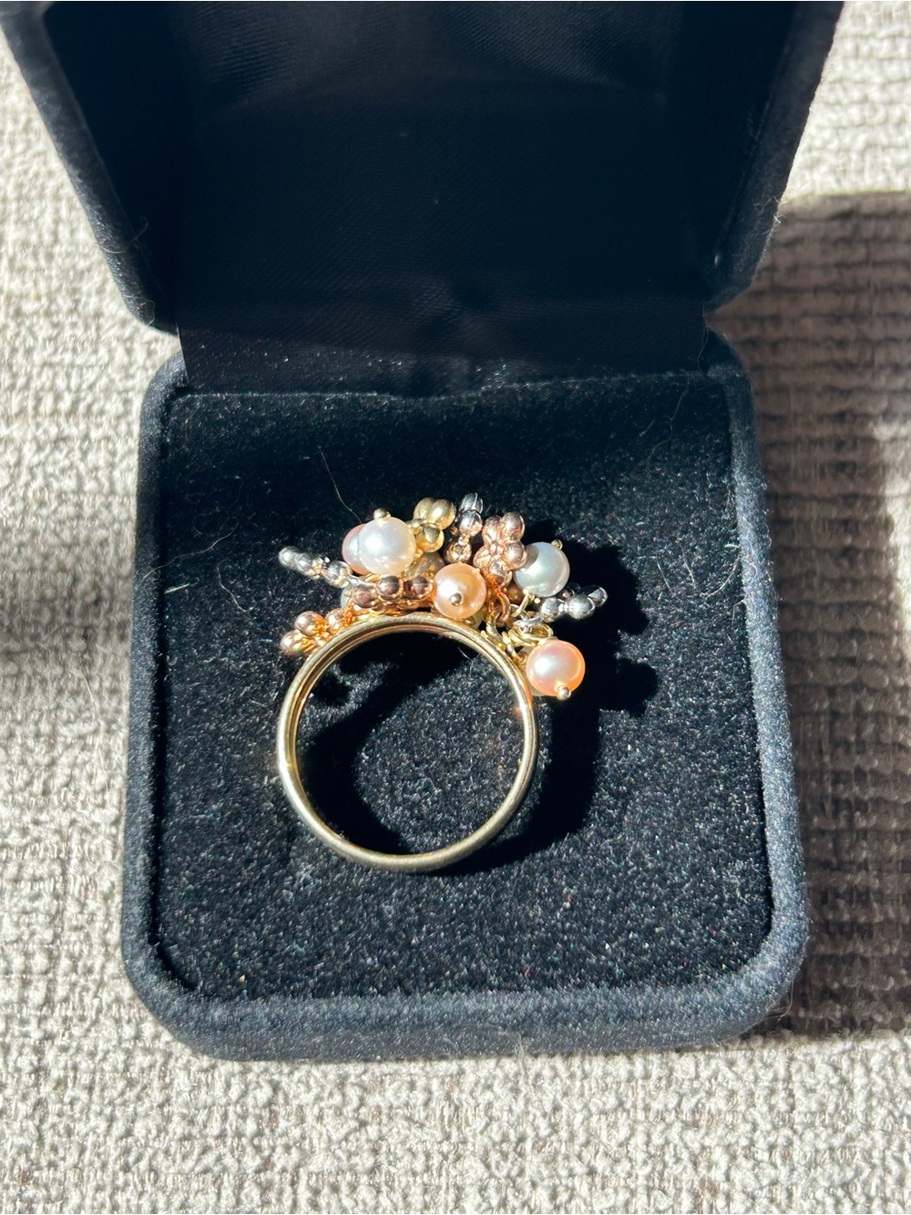 14K Milor Italy Gold Pearl and Mixed Metal Cluster Movable Flower Charm Ring